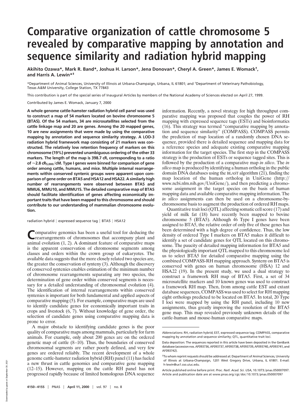 Comparative Organization of Cattle Chromosome 5 Revealed by Comparative Mapping by Annotation and Sequence Similarity and Radiation Hybrid Mapping