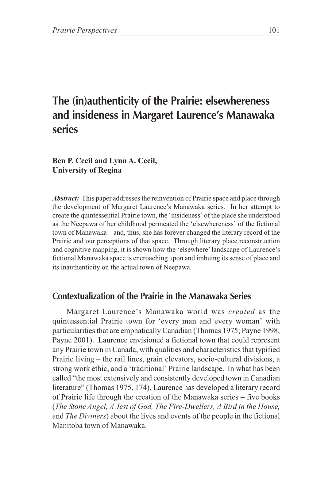 (In)Authenticity of the Prairie: Elsewhereness and Insideness in Margaret Laurence's Manawaka Series