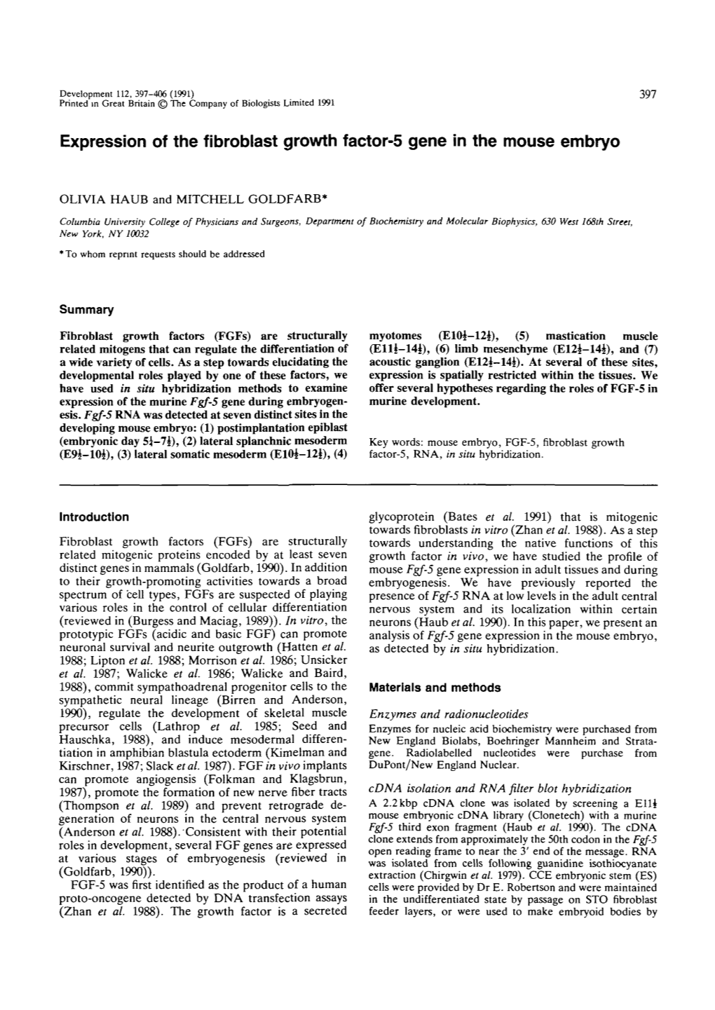 Expression of the Fibroblast Growth Factor-5 Gene in the Mouse Embryo