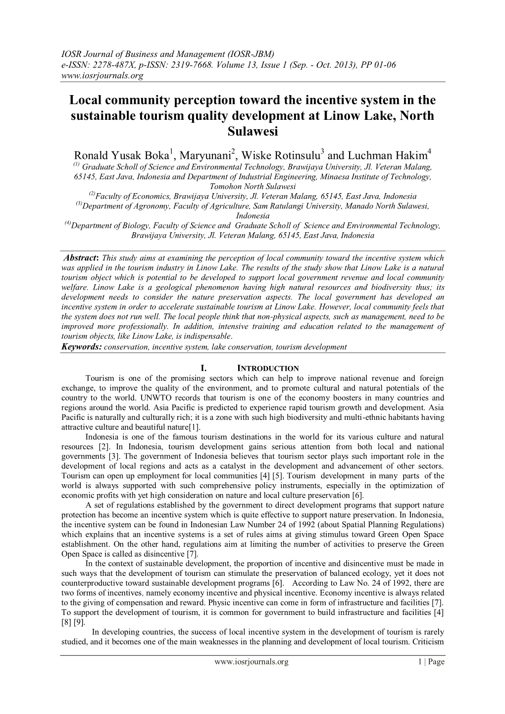 Local Community Perception Toward the Incentive System in the Sustainable Tourism Quality Development at Linow Lake, North Sulawesi