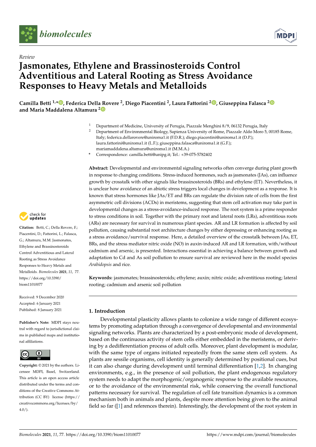 Jasmonates, Ethylene and Brassinosteroids Control Adventitious and Lateral Rooting As Stress Avoidance Responses to Heavy Metals and Metalloids