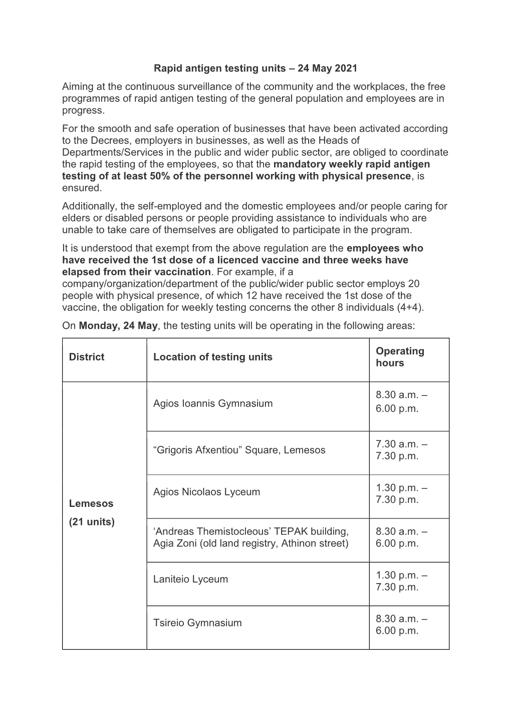 Rapid Antigen Testing Units – 24 May 2021 Aiming at the Continuous