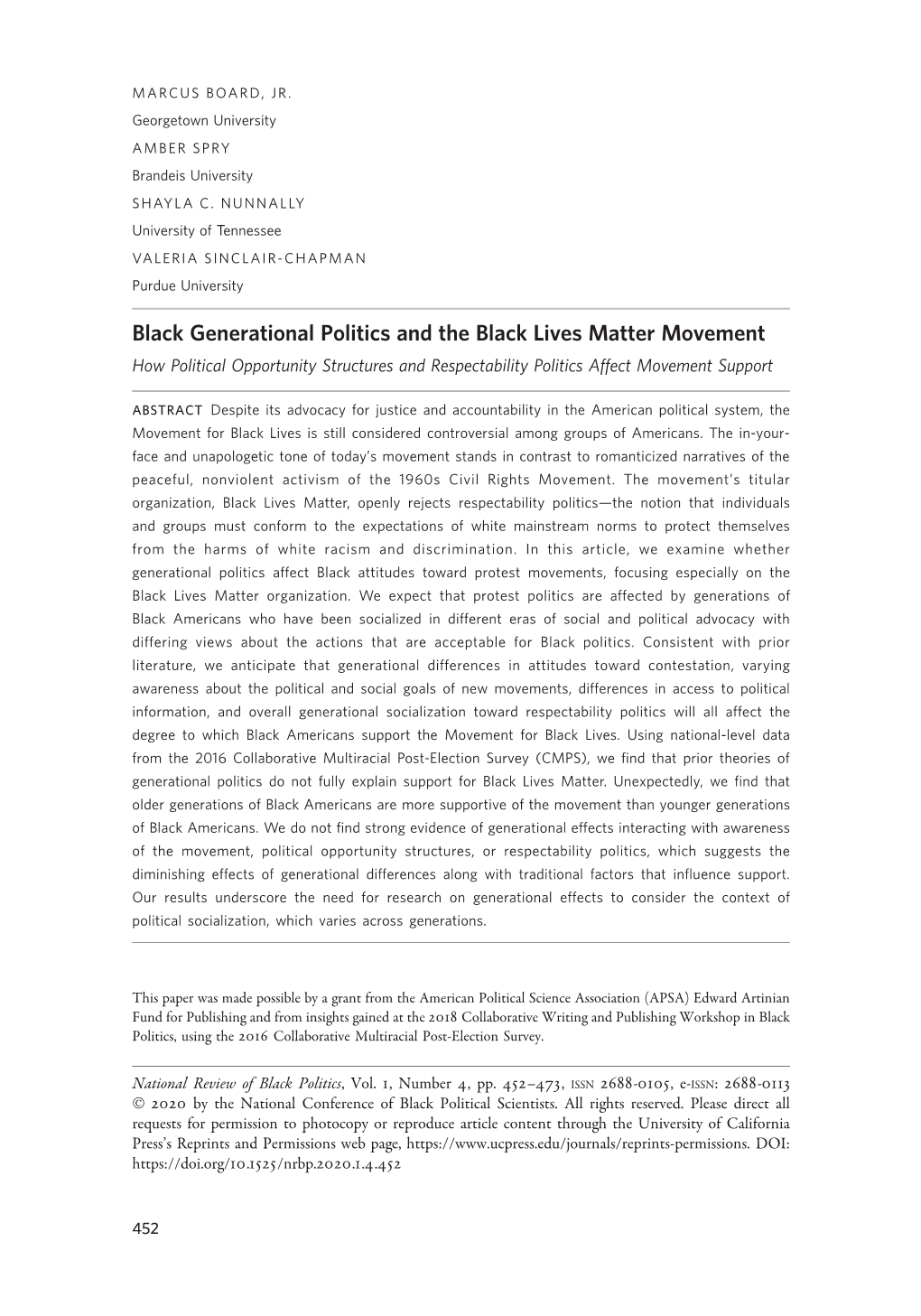 Black Generational Politics and the Black Lives Matter Movement How Political Opportunity Structures and Respectability Politics Affect Movement Support