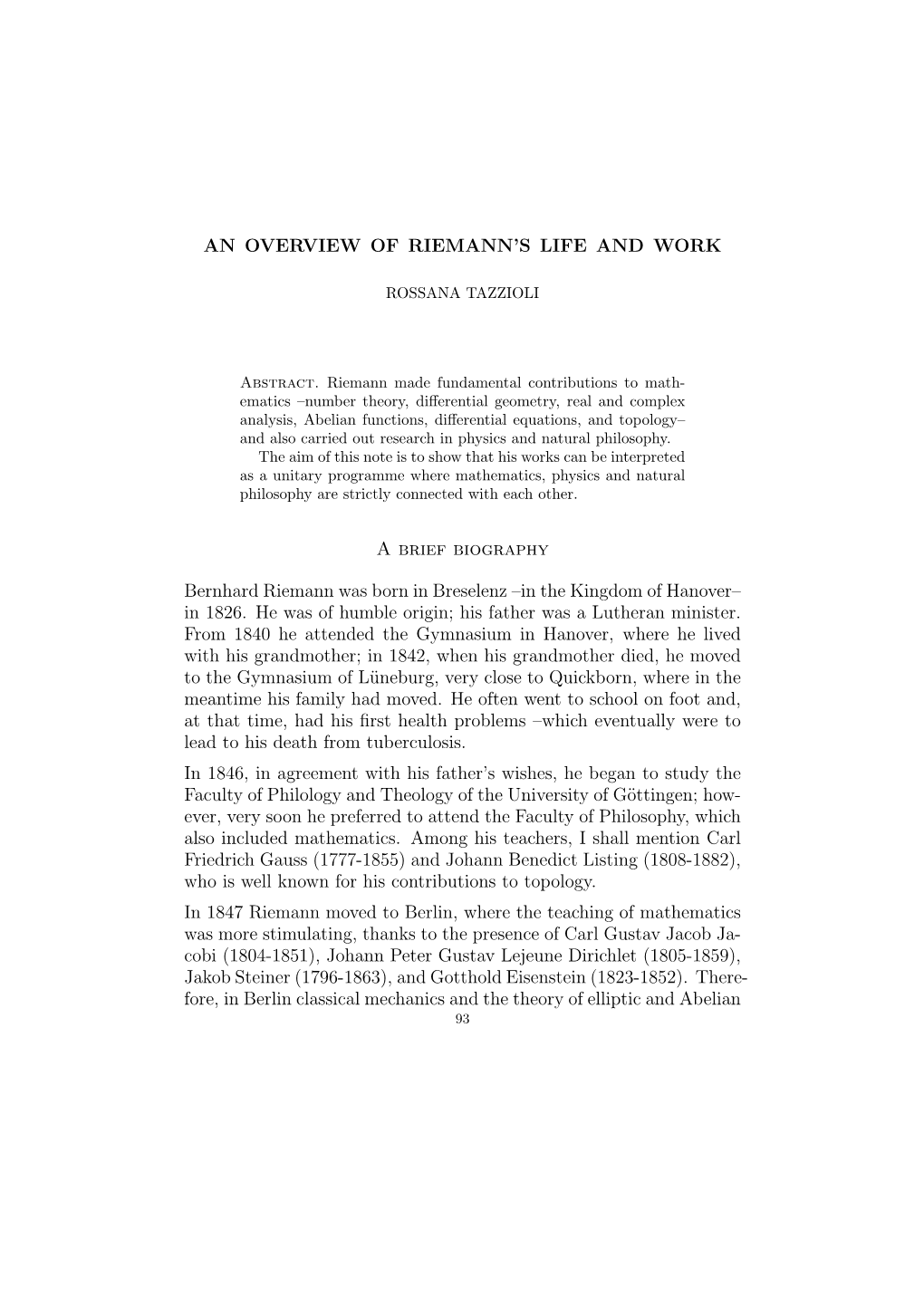 AN OVERVIEW of RIEMANN's LIFE and WORK a Brief Biography