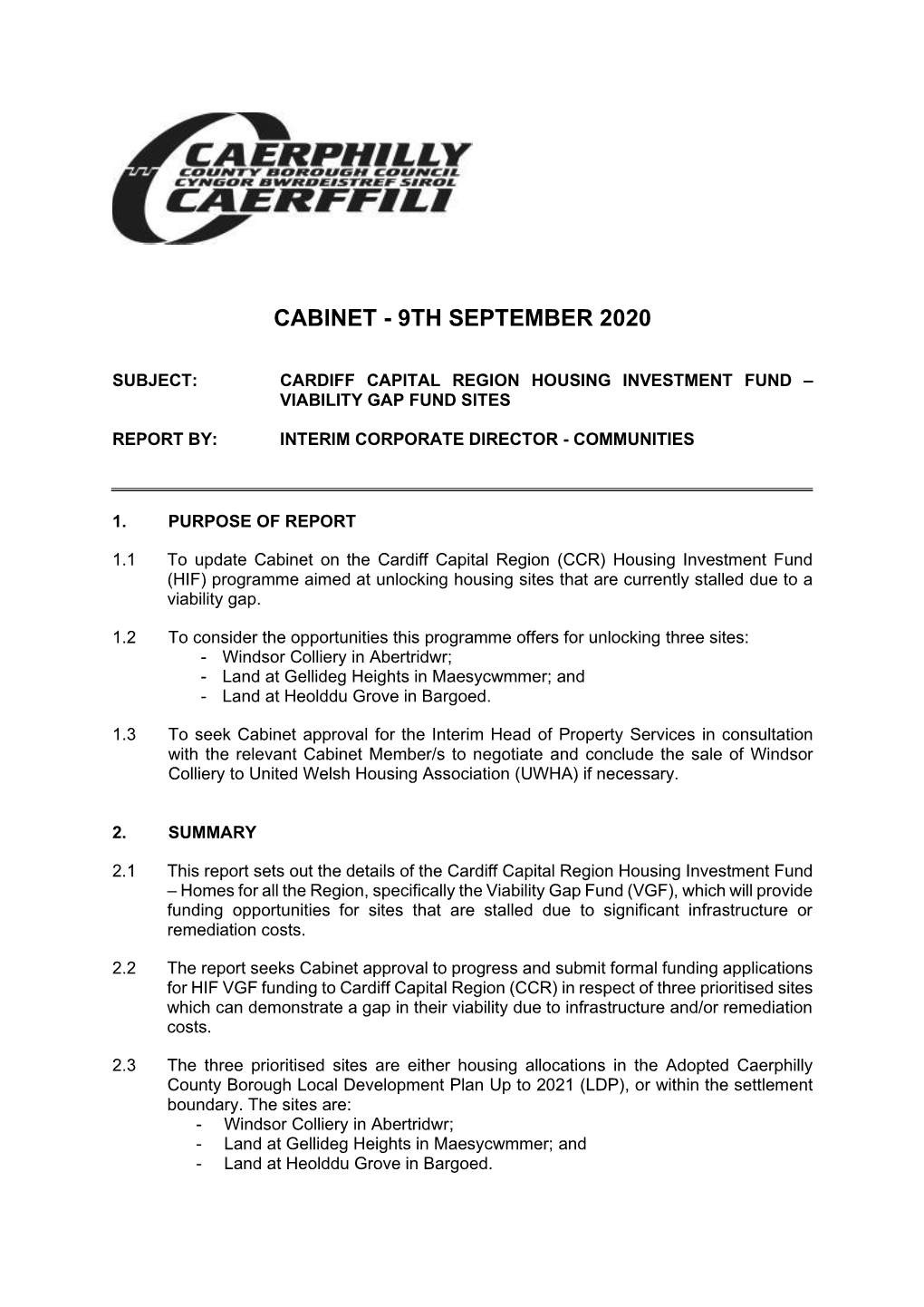 Cardiff Capital Region Housing Investment Fund – Viability Gap Fund Sites