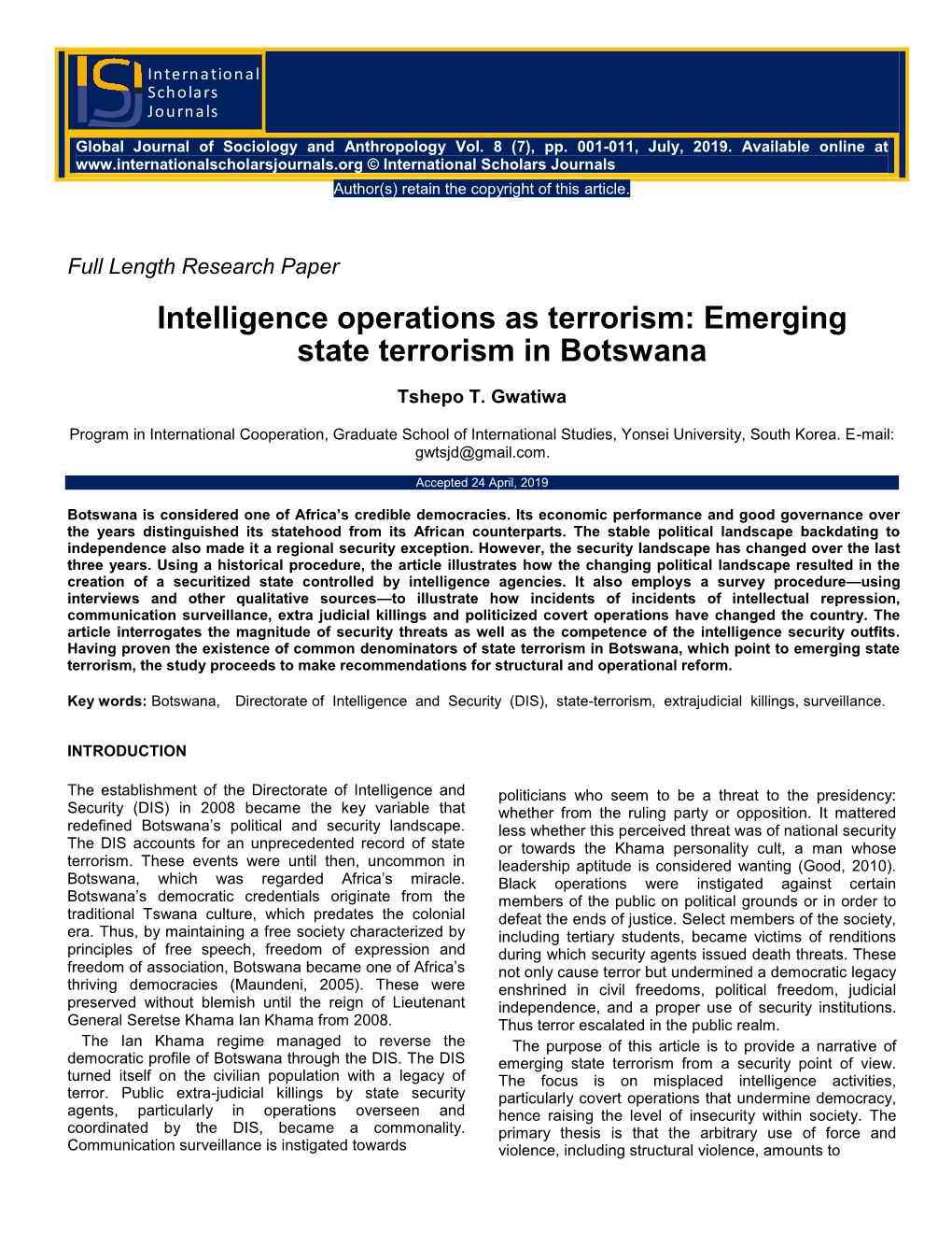 Intelligence Operations As Terrorism: Emerging State Terrorism in Botswana