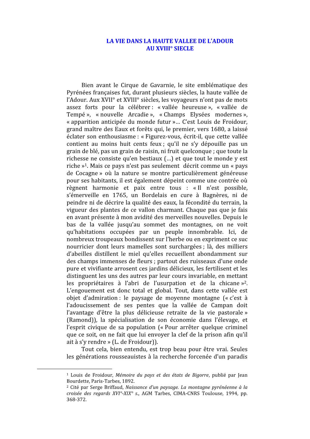 LA VIE DANS LA HAUTE VALLEE DE L'adour AU XVIII° SIECLE Bien