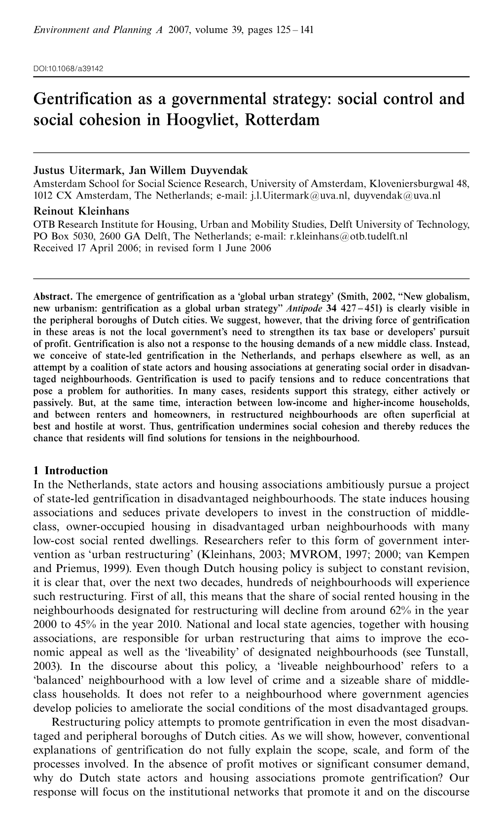 Gentrification As a Governmental Strategy: Social Control and Social Cohesion in Hoogvliet, Rotterdam