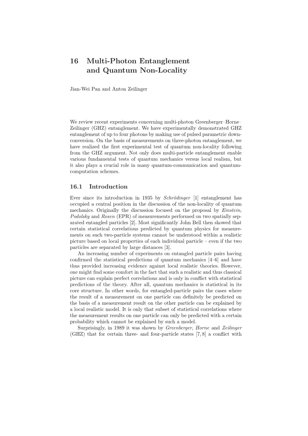 16 Multi-Photon Entanglement and Quantum Non-Locality