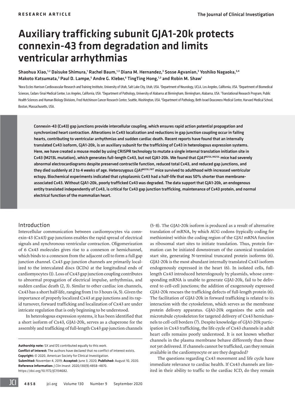 Auxiliary Trafficking Subunit GJA1-20K Protects Connexin-43 from Degradation and Limits Ventricular Arrhythmias