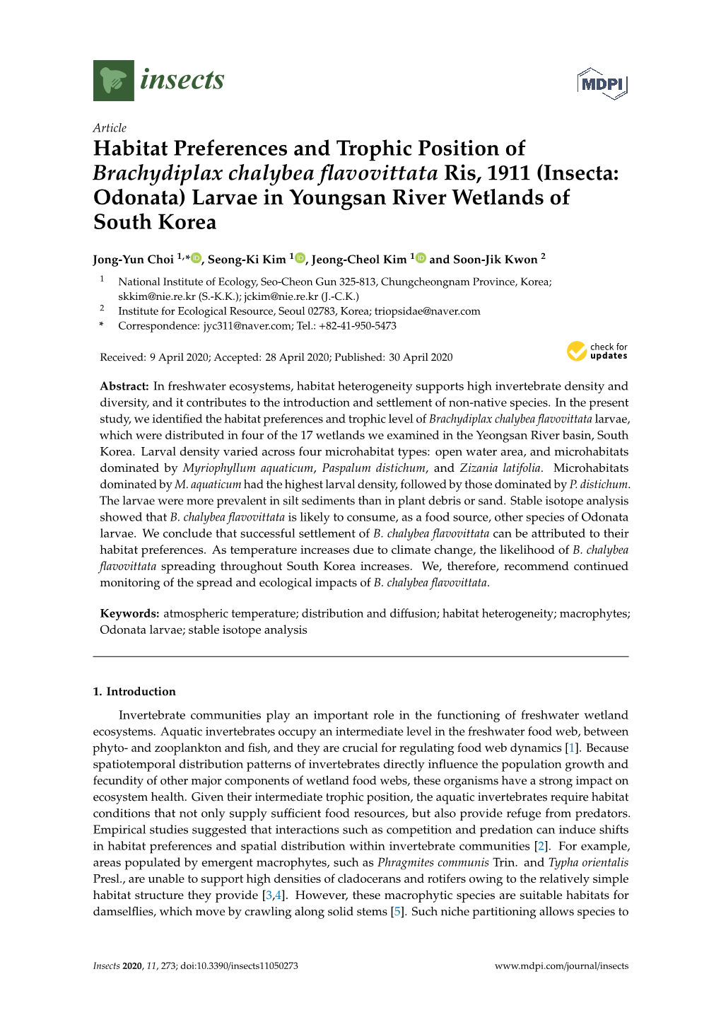 Habitat Preferences and Trophic Position of Brachydiplax Chalybea Flavovittata Ris, 1911