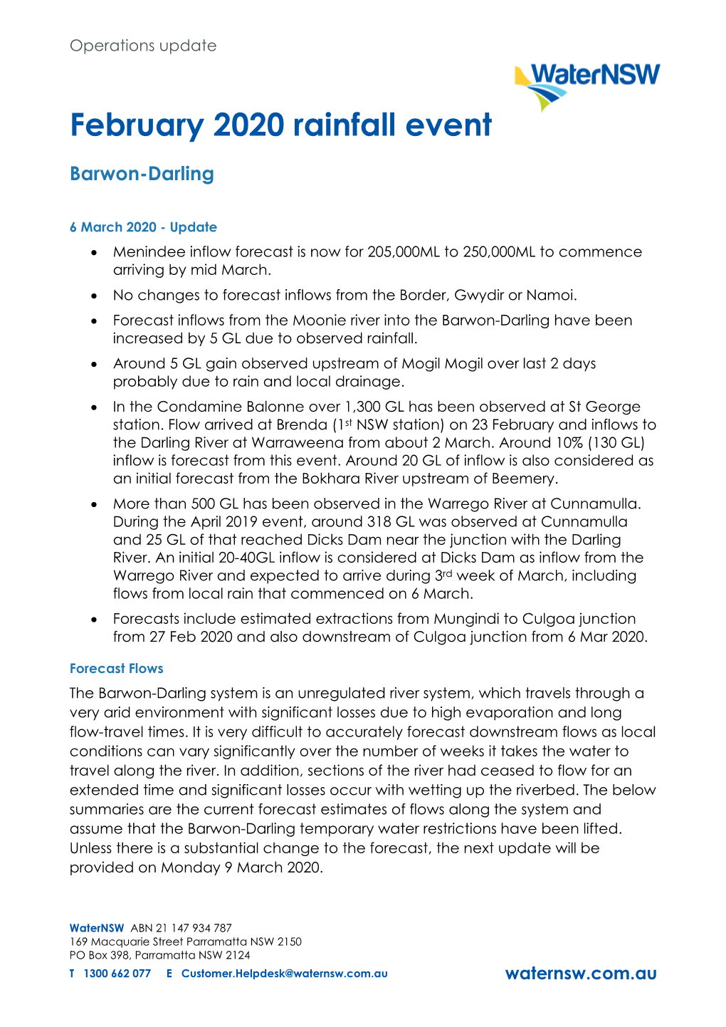 February 2020 Rainfall Event Barwon-Darling