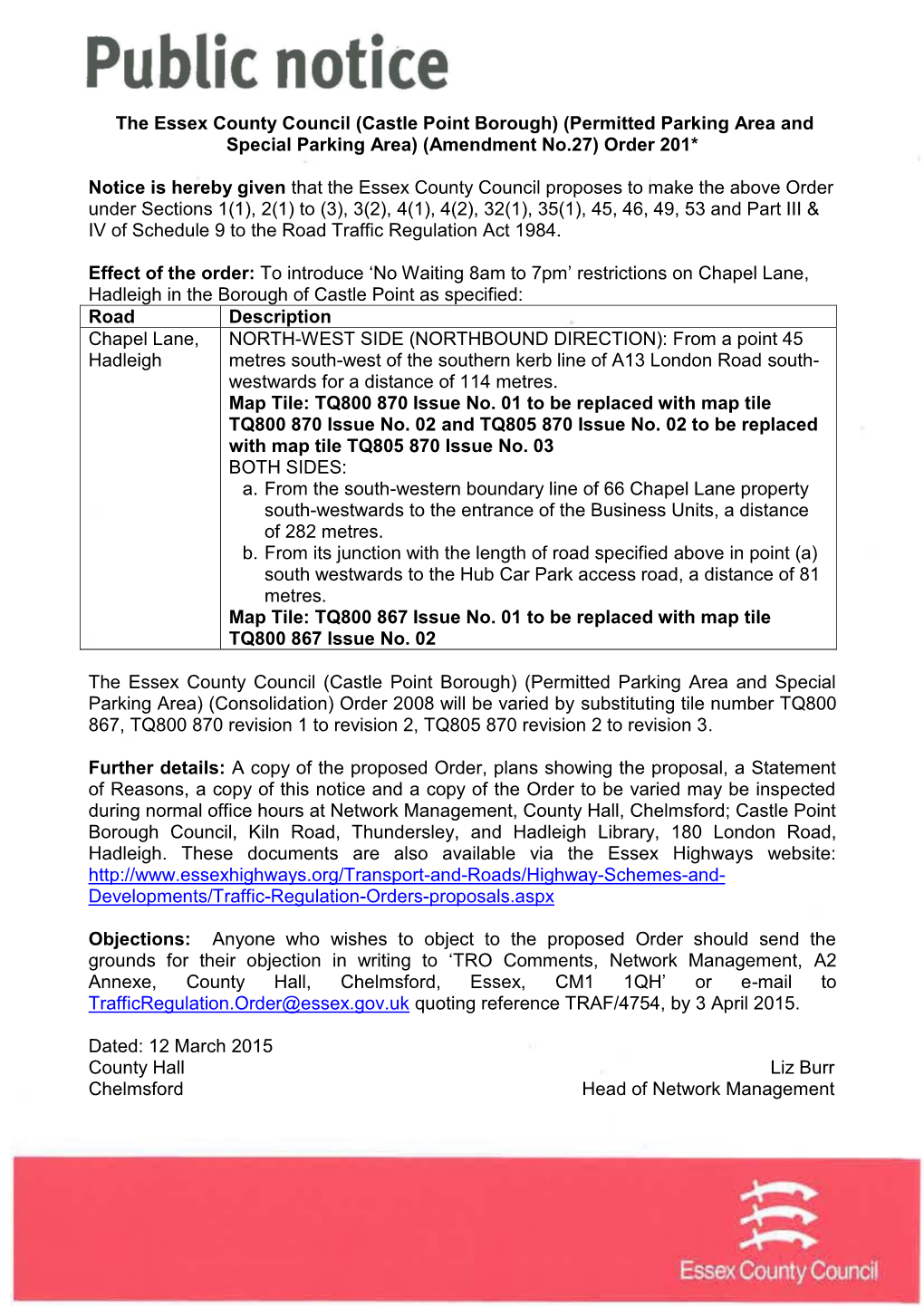 (Castle Point Borough) (Permitted Parking Area and Special Parking Area) (Amendment No.27) Order 201*