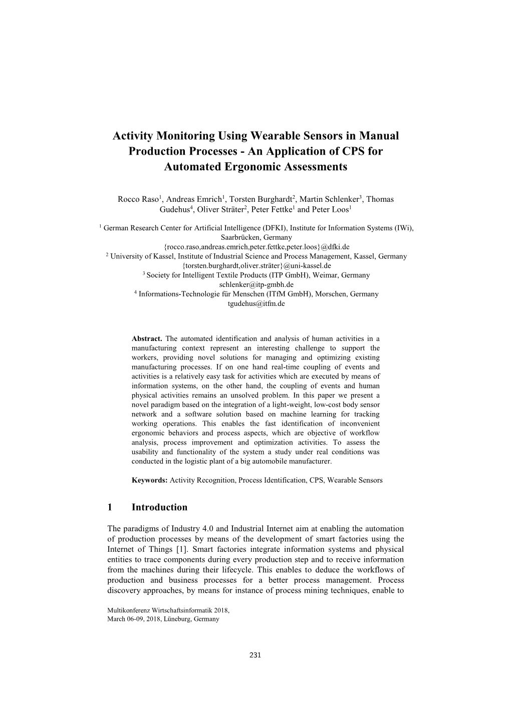 Activity Monitoring Using Wearable Sensors in Manual Production Processes - an Application of CPS for Automated Ergonomic Assessments