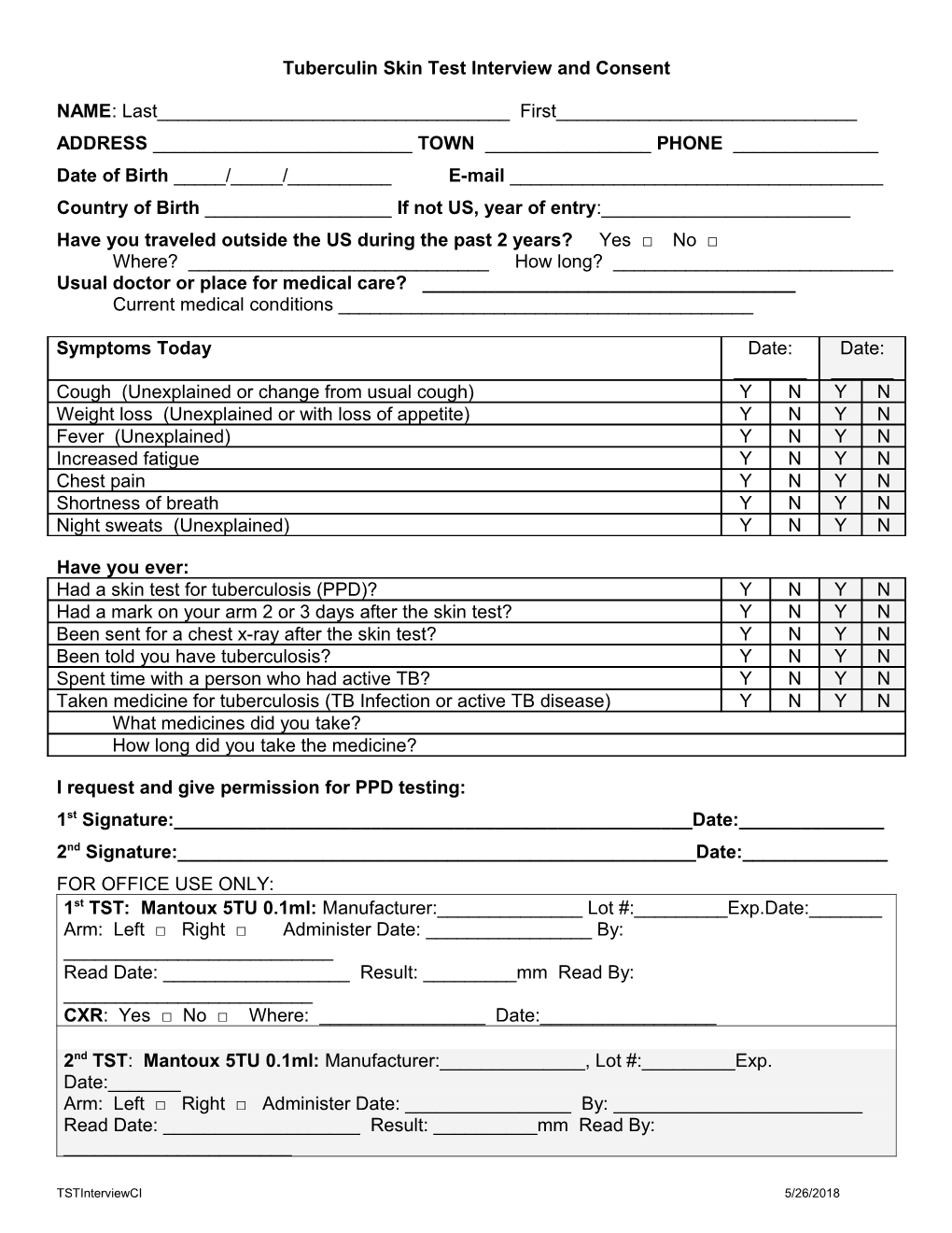 Tuberculin Skin Test Interview and Consent