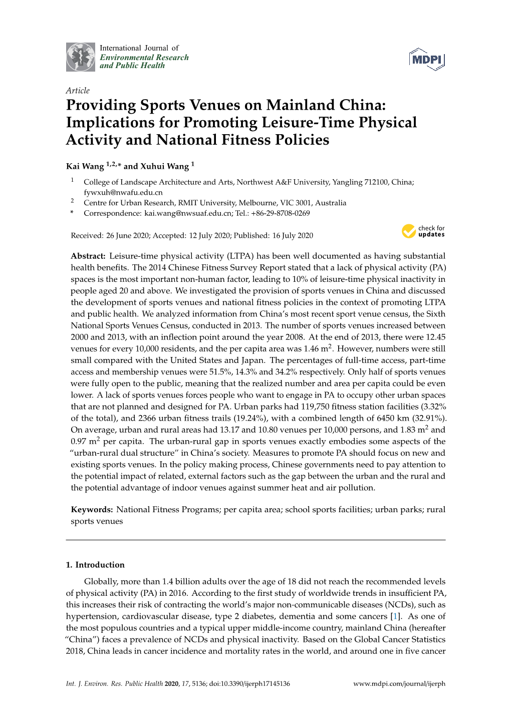 Providing Sports Venues on Mainland China: Implications for Promoting Leisure-Time Physical Activity and National Fitness Policies