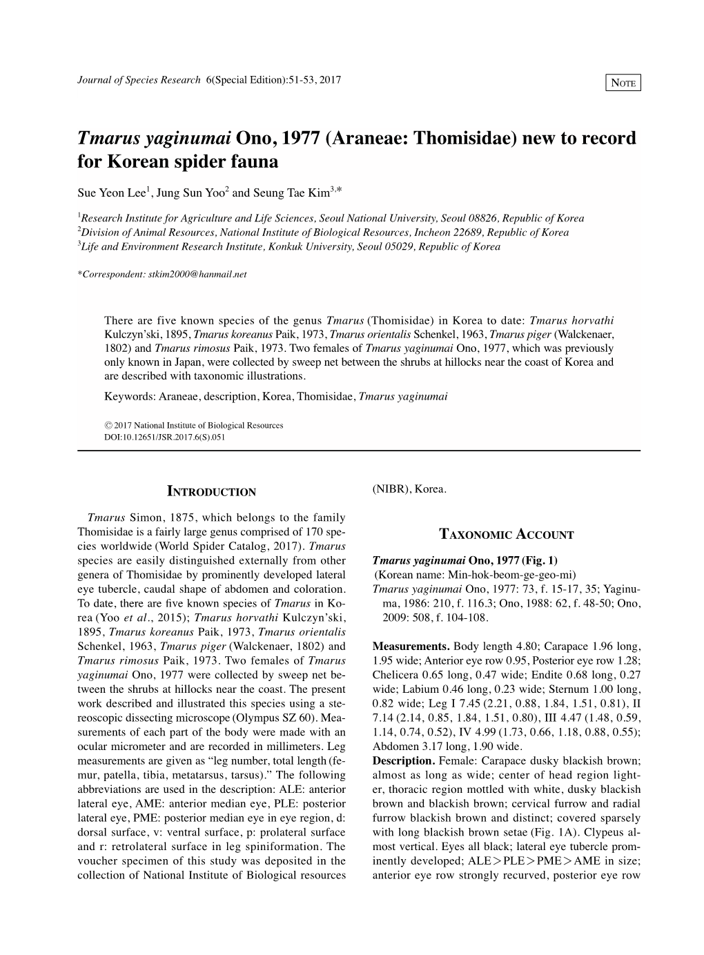 Tmarus Yaginumai Ono, 1977 (Araneae: Thomisidae) New to Record for Korean Spider Fauna