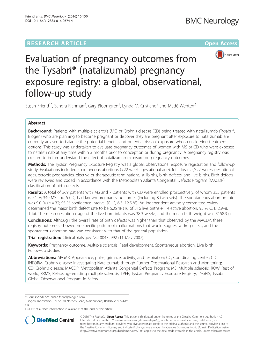 Evaluation of Pregnancy Outcomes from the Tysabri® (Natalizumab)