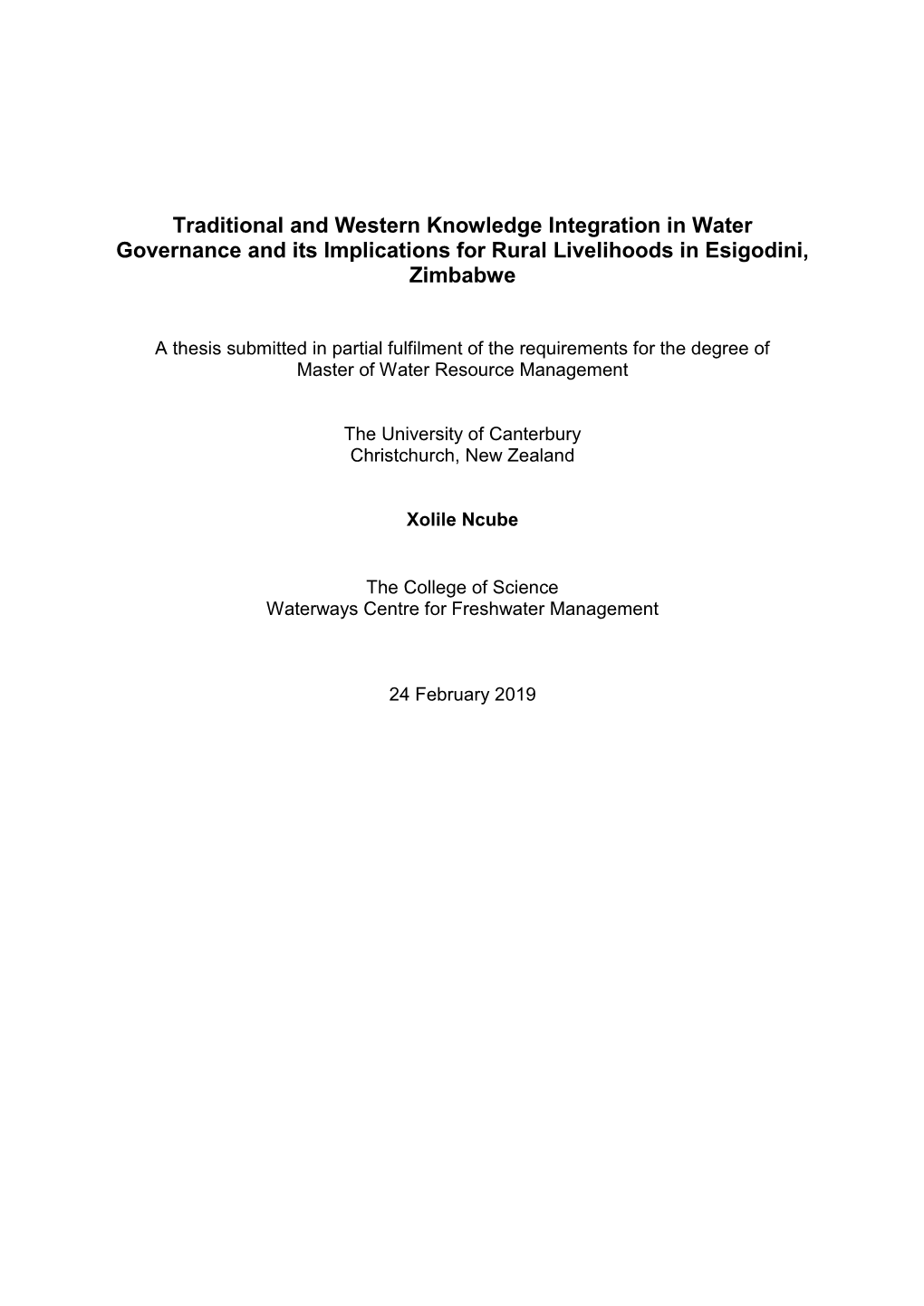 Traditional and Western Knowledge Integration in Water Governance and Its Implications for Rural Livelihoods in Esigodini, Zimbabwe