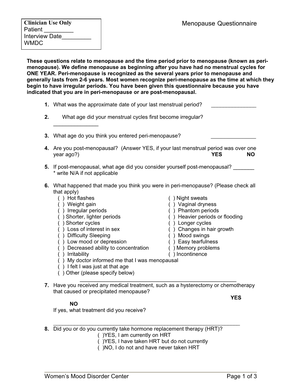 Menopause Questionnaire