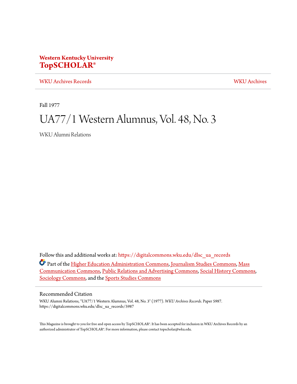 UA77/1 Western Alumnus, Vol. 48, No. 3 WKU Alumni Relations