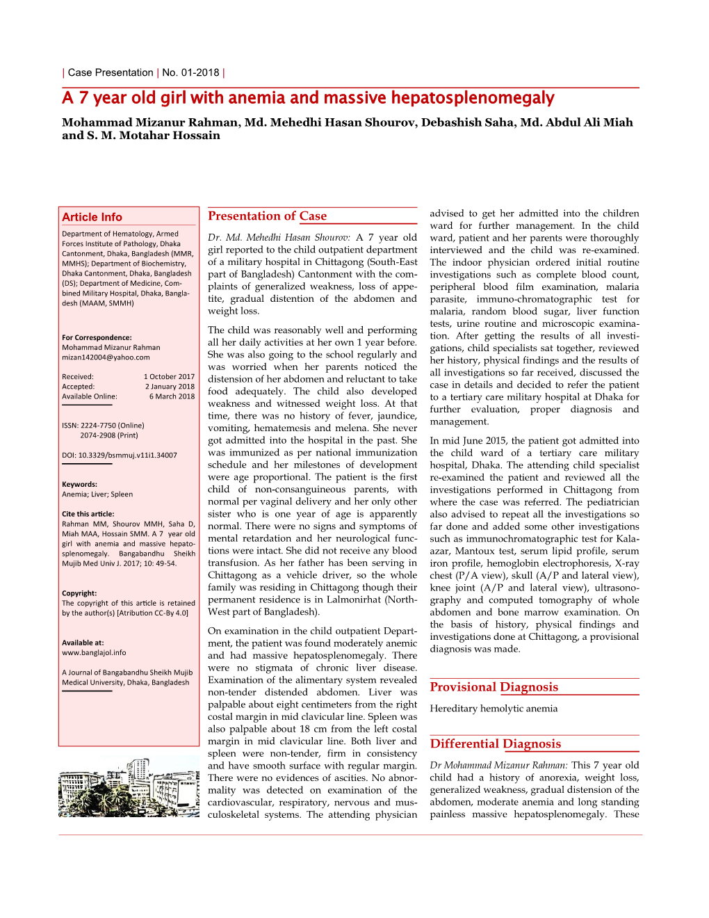 A 7 Year Old Girl with Anemia and Massive Hepatosplenomegaly Mohammad Mizanur Rahman, Md