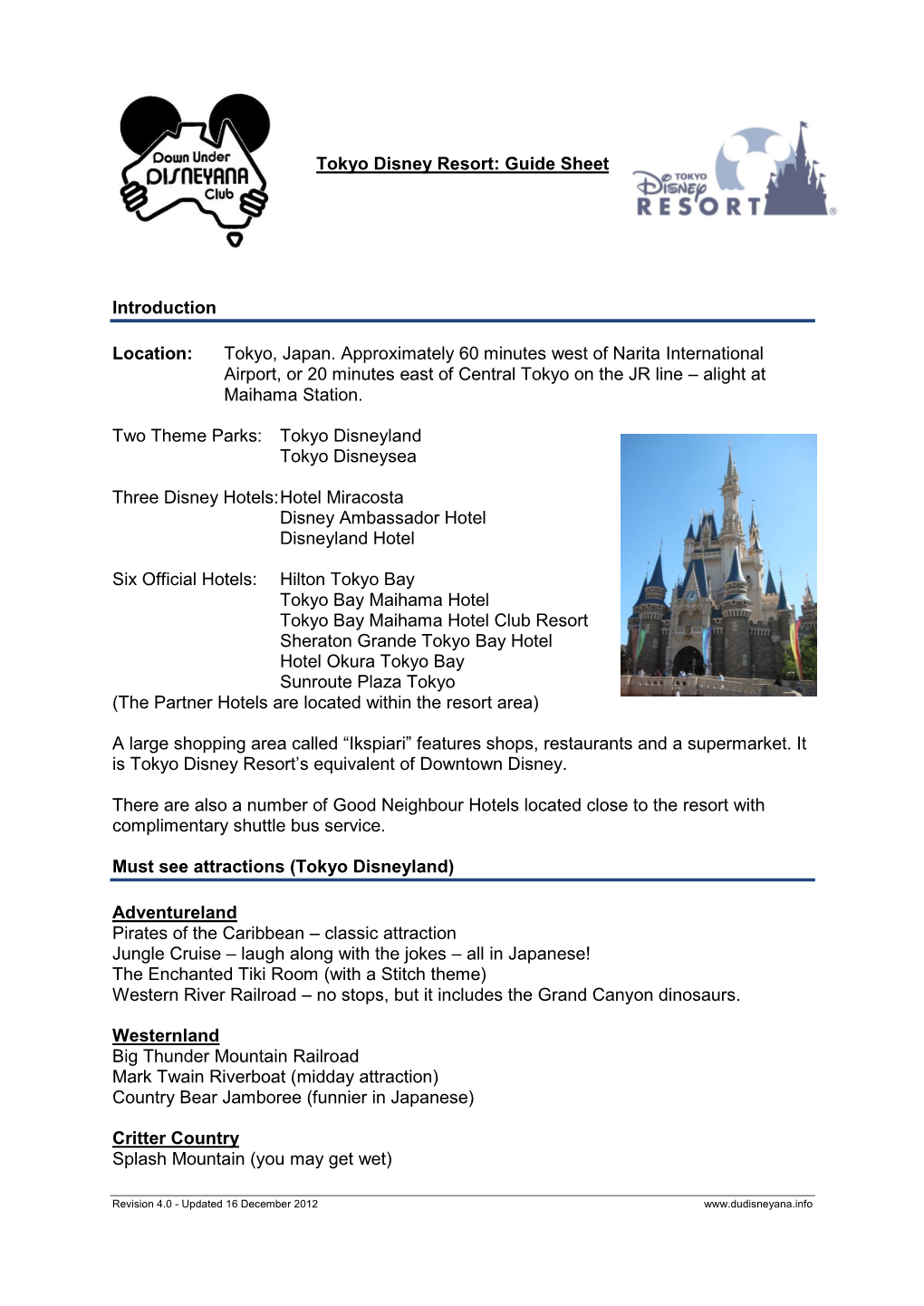 Tokyo Disney Resort: Guide Sheet