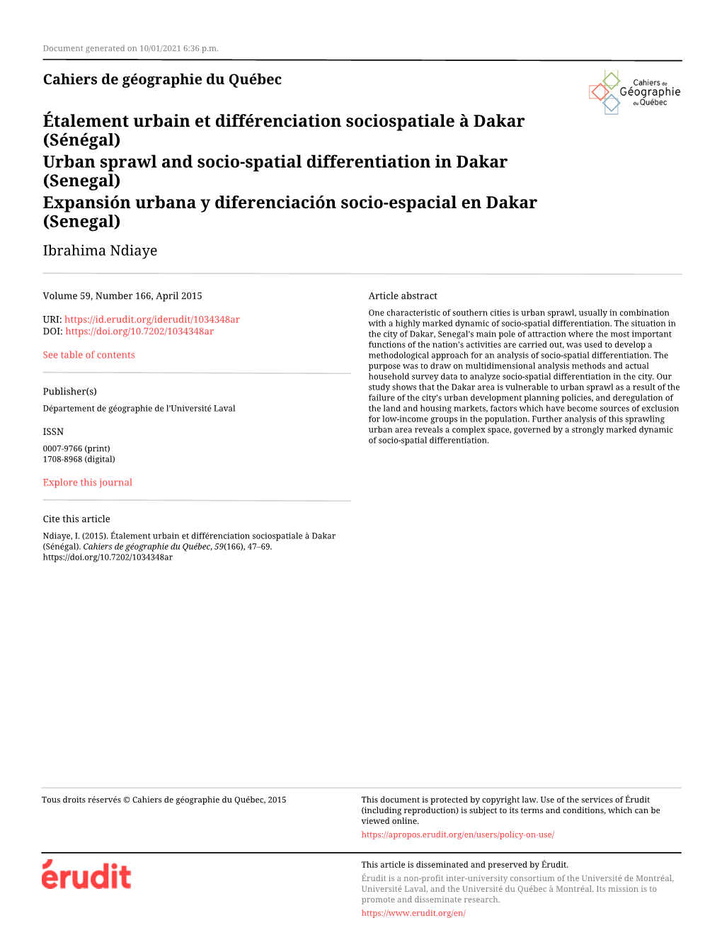 Étalement Urbain Et Différenciation Sociospatiale À Dakar (Sénégal)