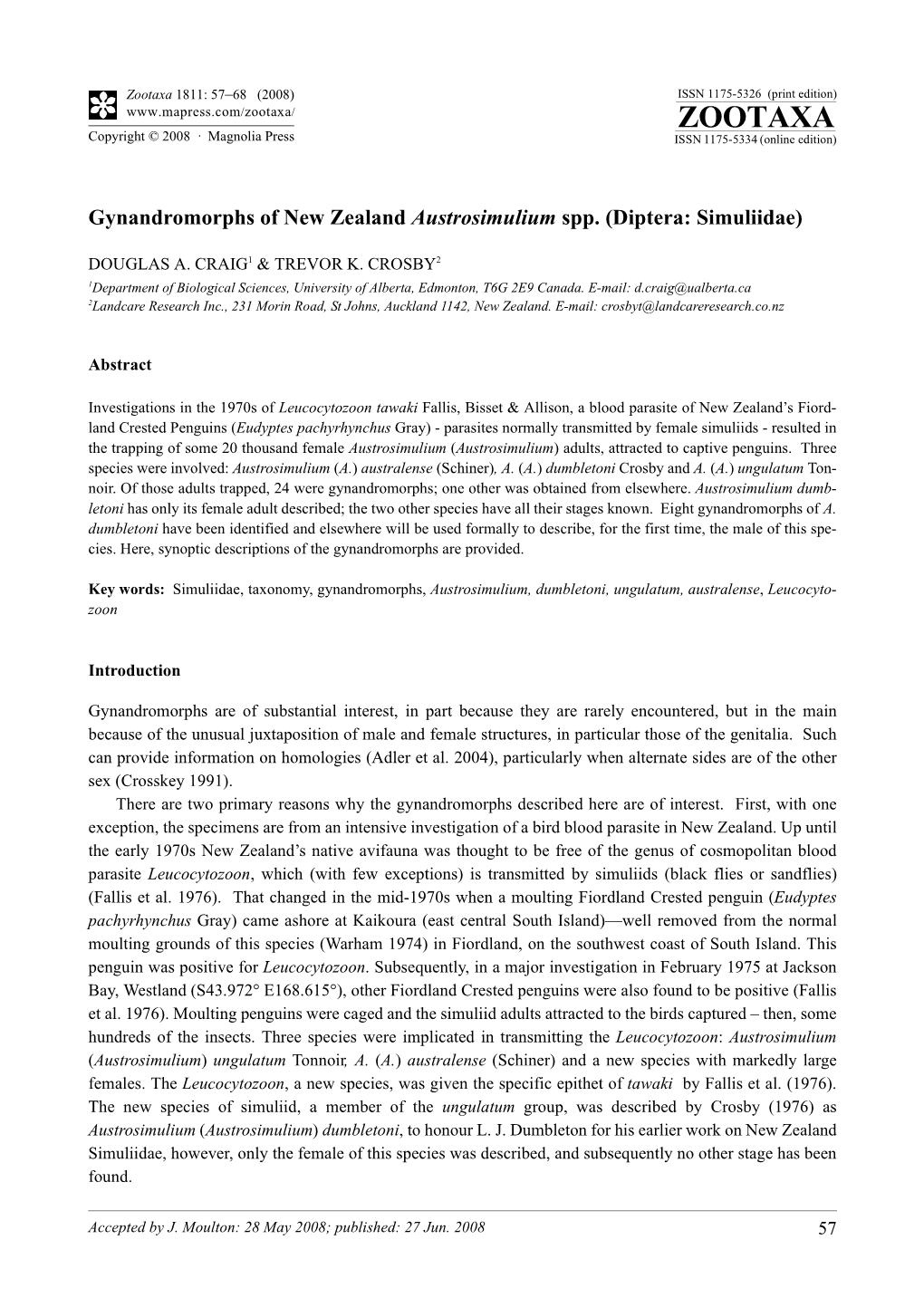 Zootaxa, Gynandromorphs of New Zealand Austrosimulium Spp