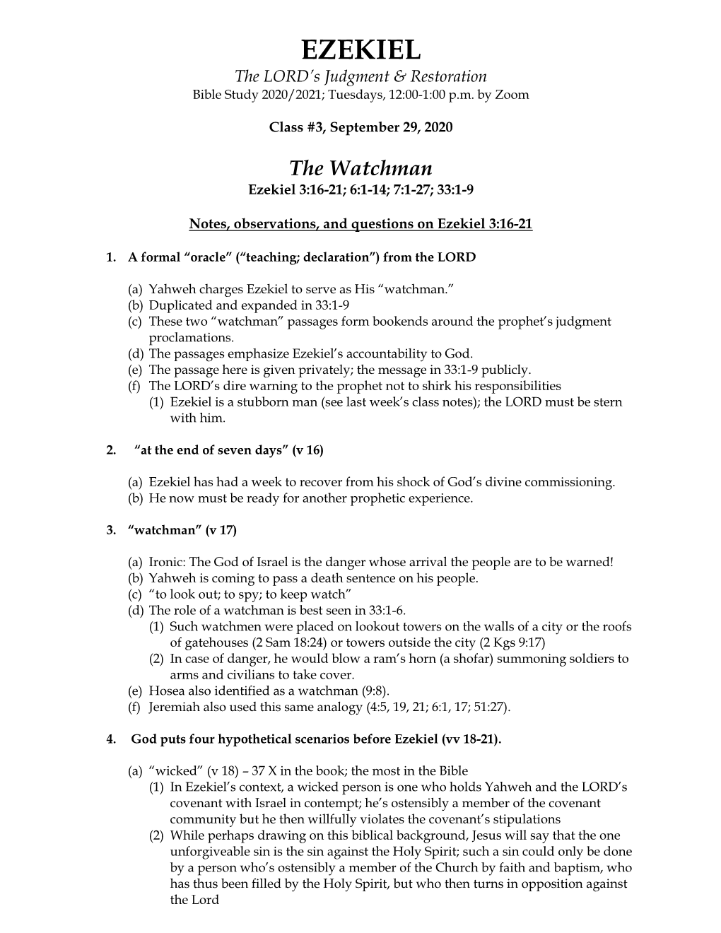 EZEKIEL the LORD’S Judgment & Restoration Bible Study 2020/2021; Tuesdays, 12:00-1:00 P.M