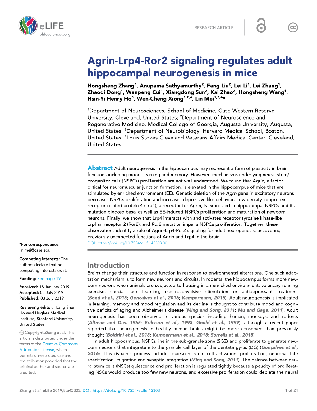 Agrin-Lrp4-Ror2 Signaling Regulates Adult Hippocampal Neurogenesis In