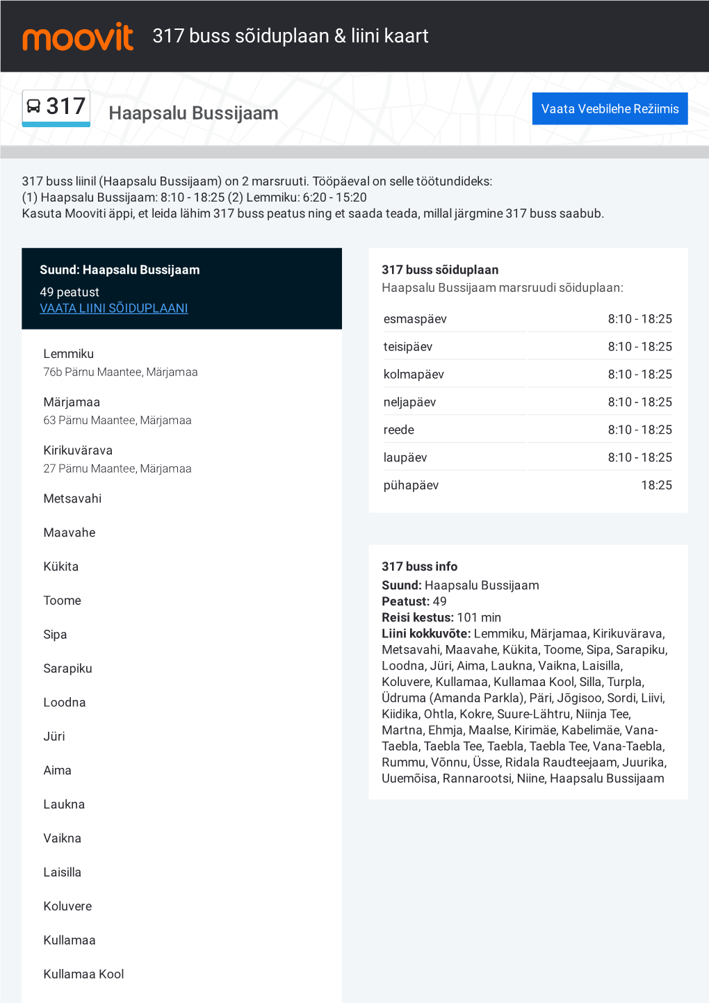 317 Buss Sõiduplaan & Liini Marsruudi Kaart