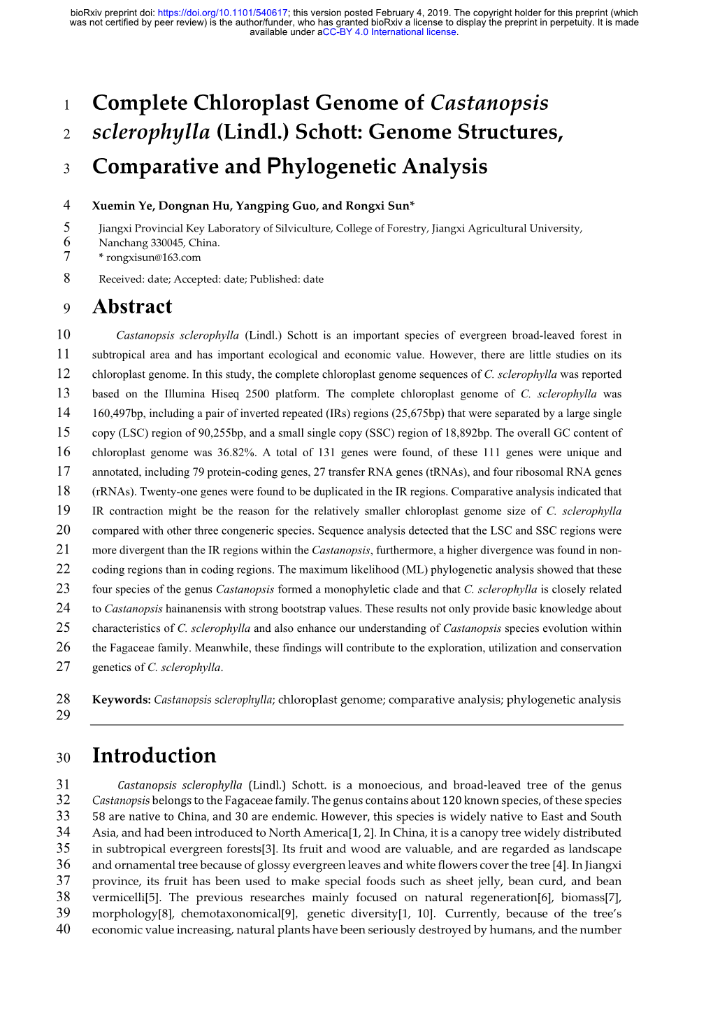 Complete Chloroplast Genome of Castanopsis Sclerophylla