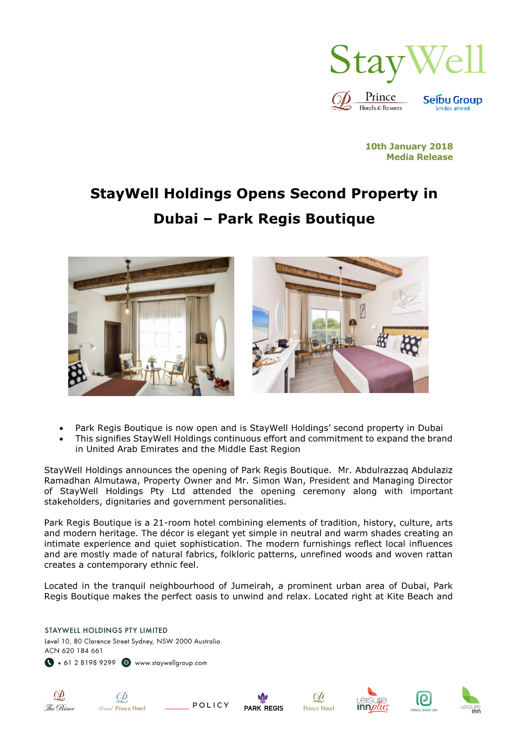 Staywell Holdings Opens Second Property in Dubai – Park Regis Boutique