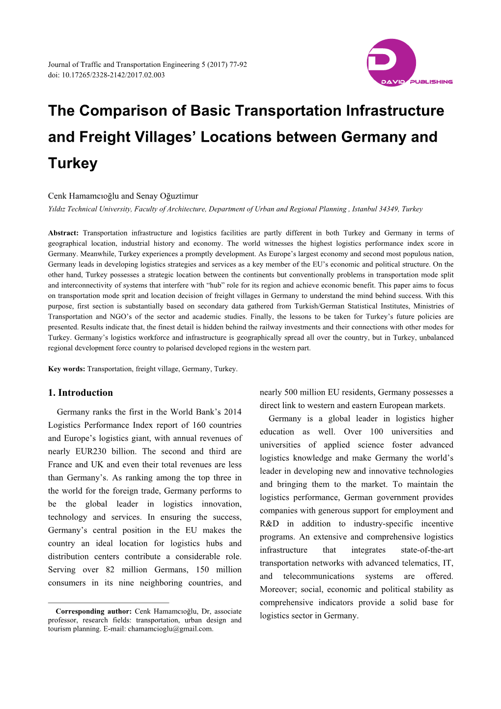 The Comparison of Basic Transportation Infrastructure and Freight Villages' Locations Between Germany and Turkey