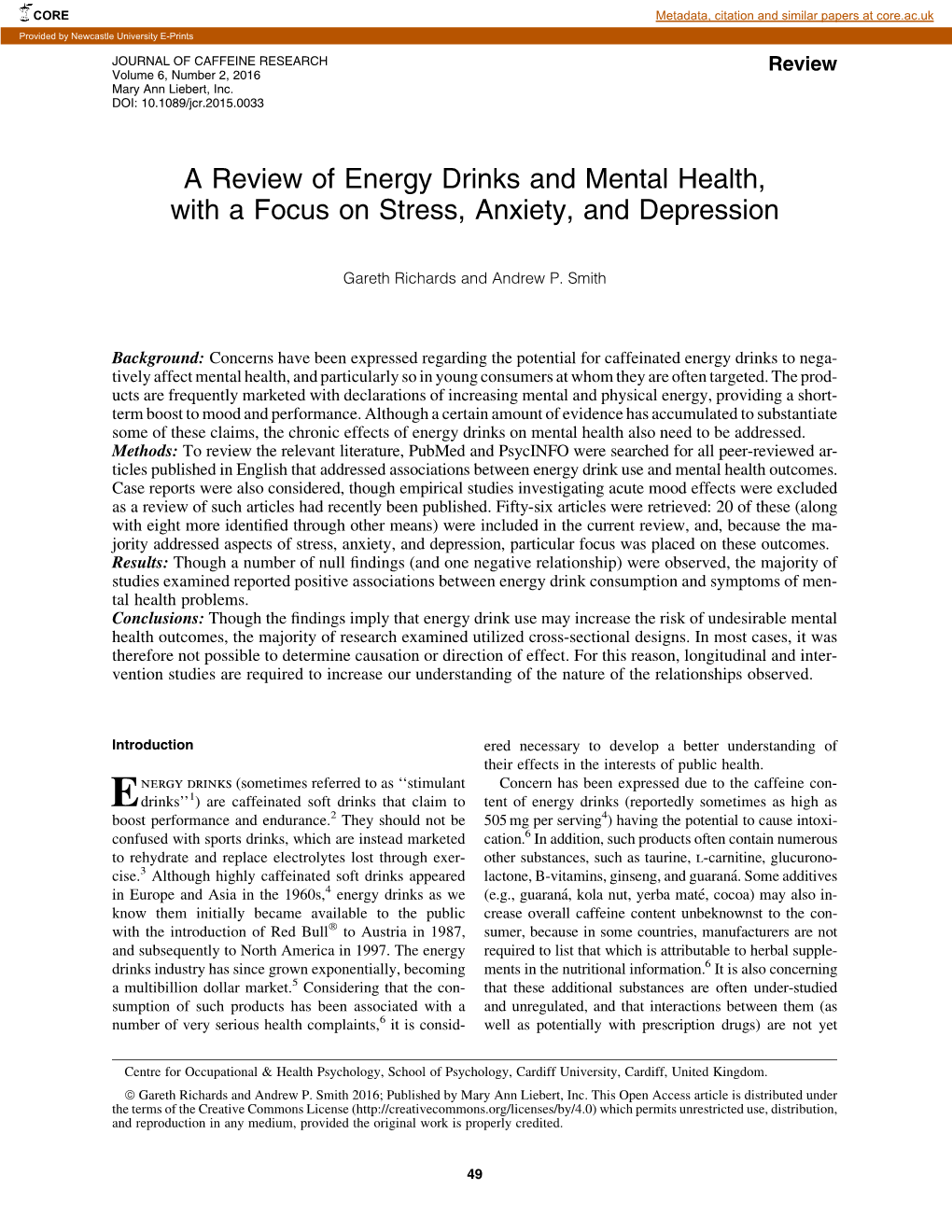 A Review of Energy Drinks and Mental Health, with a Focus on Stress, Anxiety, and Depression