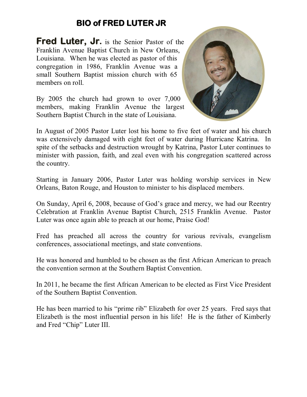 BIO of FRED LUTER JR
