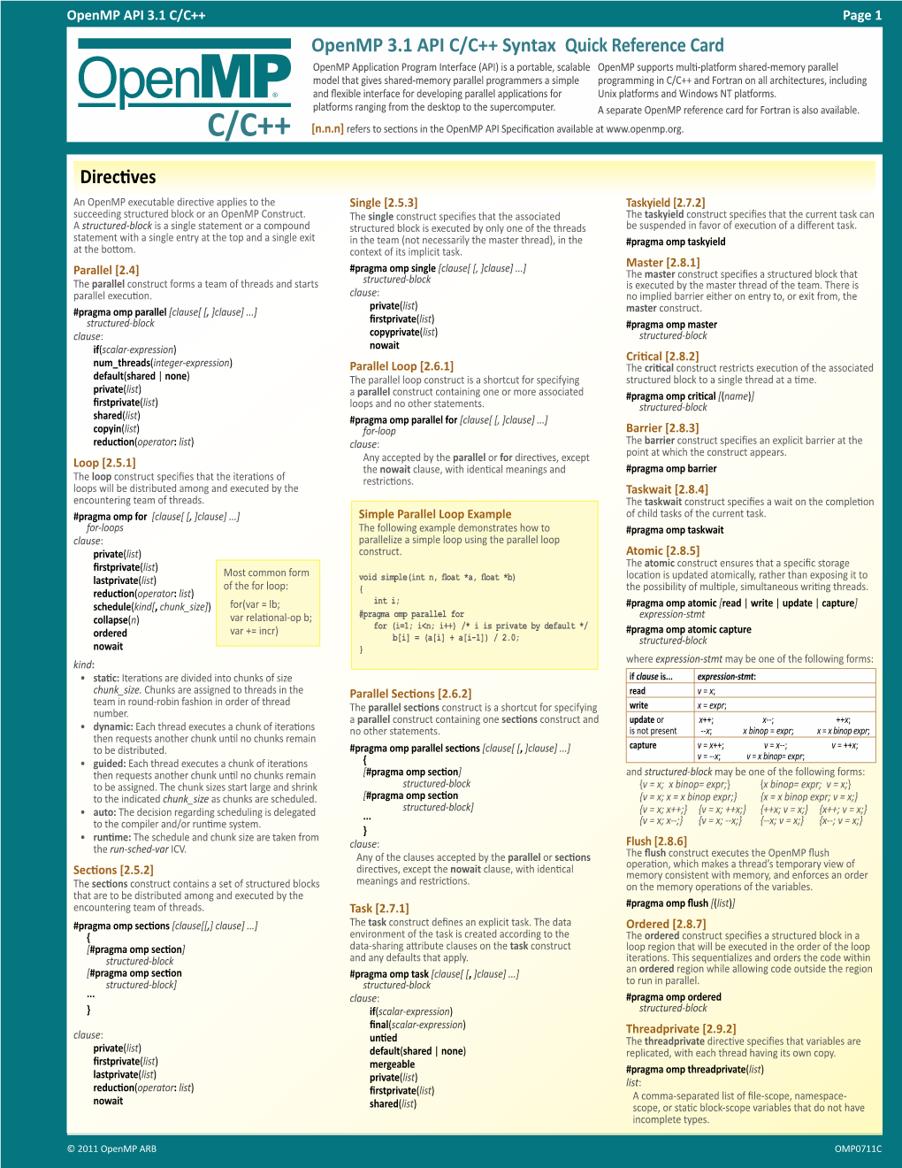 Openmp 3.1 API C/C++ Syntax Quick Reference Card