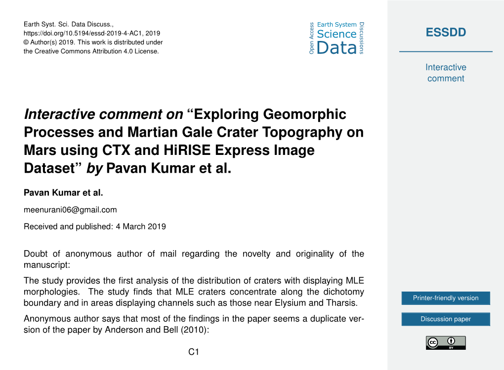 Exploring Geomorphic Processes and Martian Gale Crater Topography on Mars Using CTX and Hirise Express Image Dataset” by Pavan Kumar Et Al