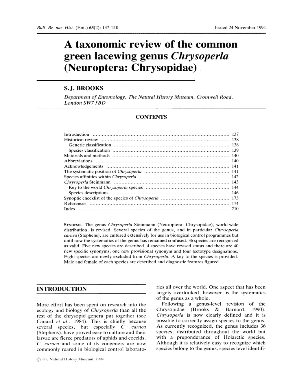 A Taxonomic Review of the Common Green Lacewing Genus Chrysoperla (Neuroptera: Chrysopidae)