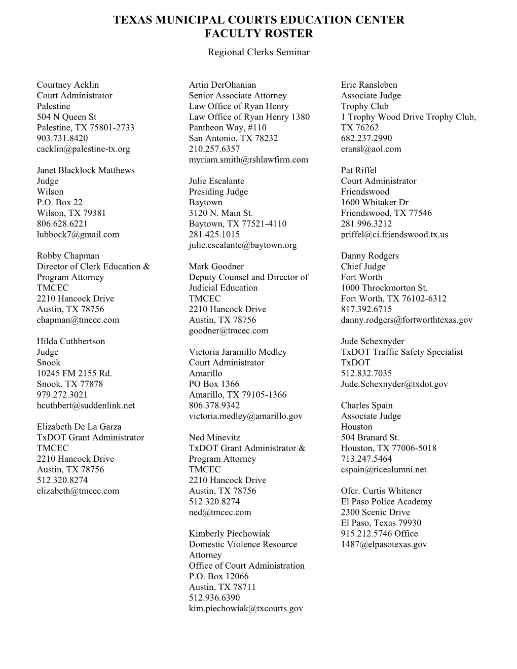 TEXAS MUNICIPAL COURTS EDUCATION CENTER FACULTY ROSTER Regional Clerks Seminar