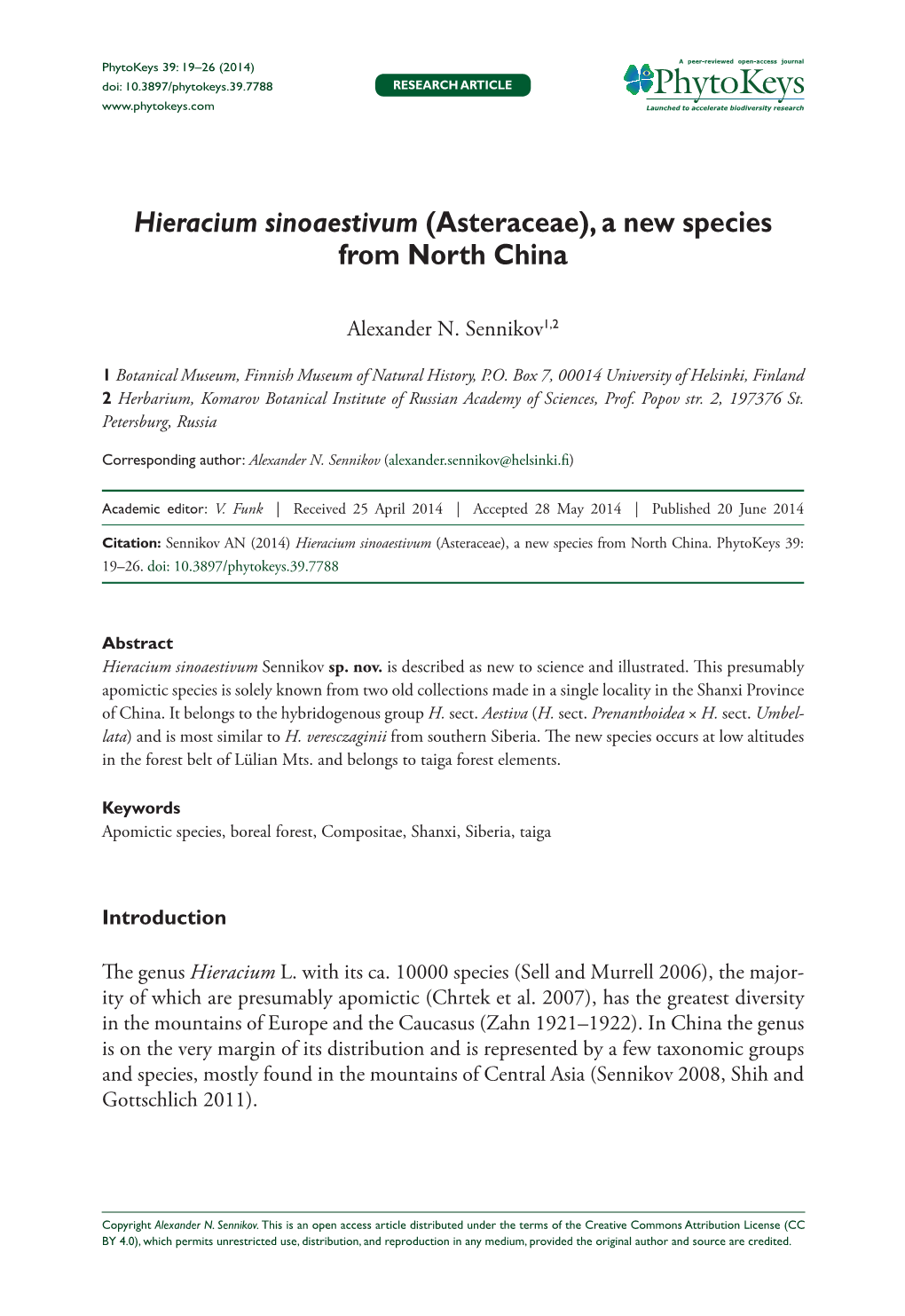 Hieracium Sinoaestivum (Asteraceae), a New Species from North China