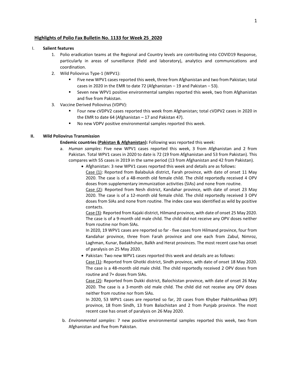 1 Highlights of Polio Fax Bulletin No. 1133 for Week 25 2020