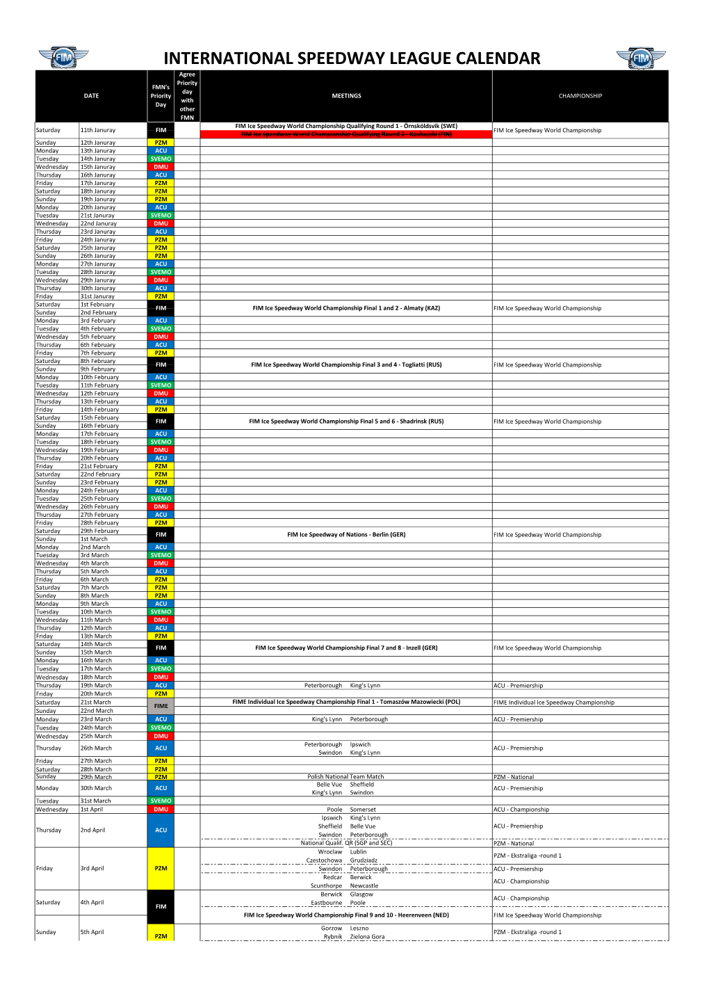 International Speedway League Calendar