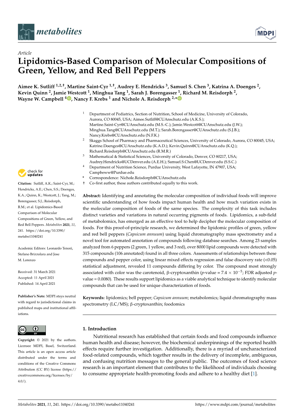 Lipidomics-Based Comparison of Molecular Compositions of Green, Yellow, and Red Bell Peppers