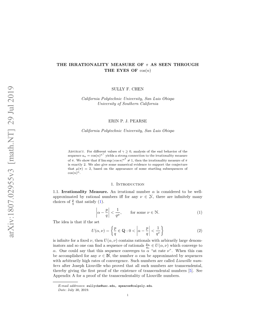 The Irrationality Measure of $\Pi $ As Seen Through the Eyes of $\Cos (N) $