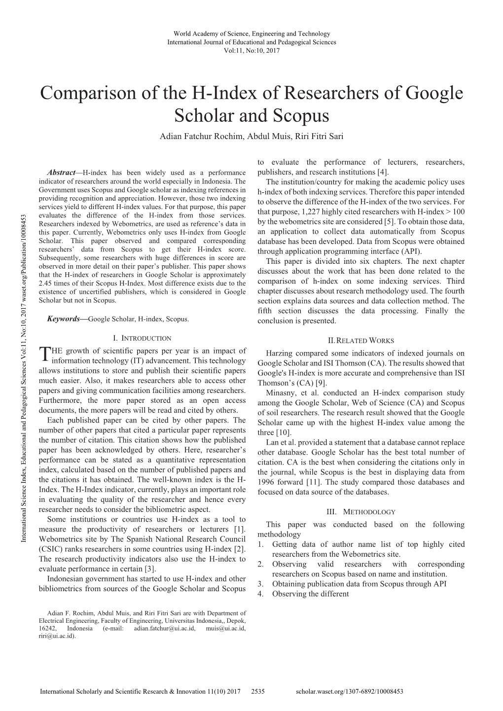 Comparison of the H-Index of Researchers of Google Scholar And