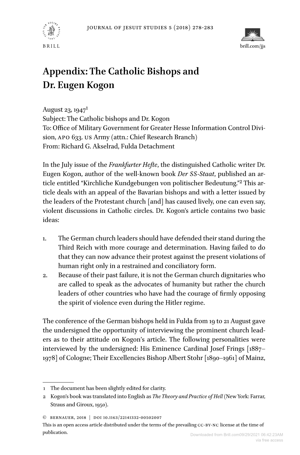The Catholic Bishops and Dr. Eugen Kogon