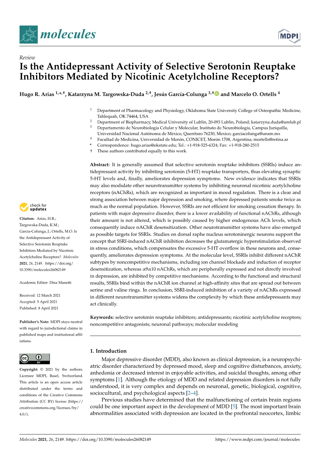 Is the Antidepressant Activity of Selective Serotonin Reuptake Inhibitors Mediated by Nicotinic Acetylcholine Receptors?