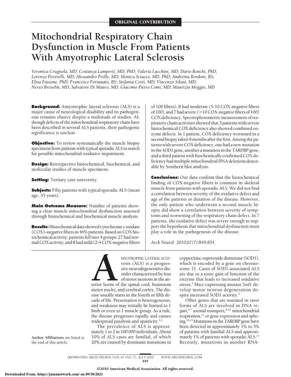 Mitochondrial Respiratory Chain Dysfunction in Muscle from Patients with Amyotrophic Lateral Sclerosis